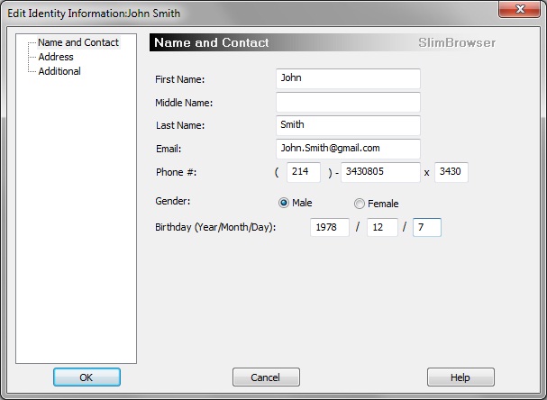 define identity information to be used by the form filler